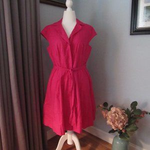 HOT PINK SHIRTDRESS; HIDDEN BUTTON-FRONT; NOTCHED COLLAR; BELT; SIZE 16